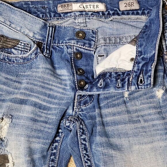 BKE Carter Teens Sz 26R Button Fly Denim Blue Jeans Factory Distressed Destoryed - Picture 6 of 11